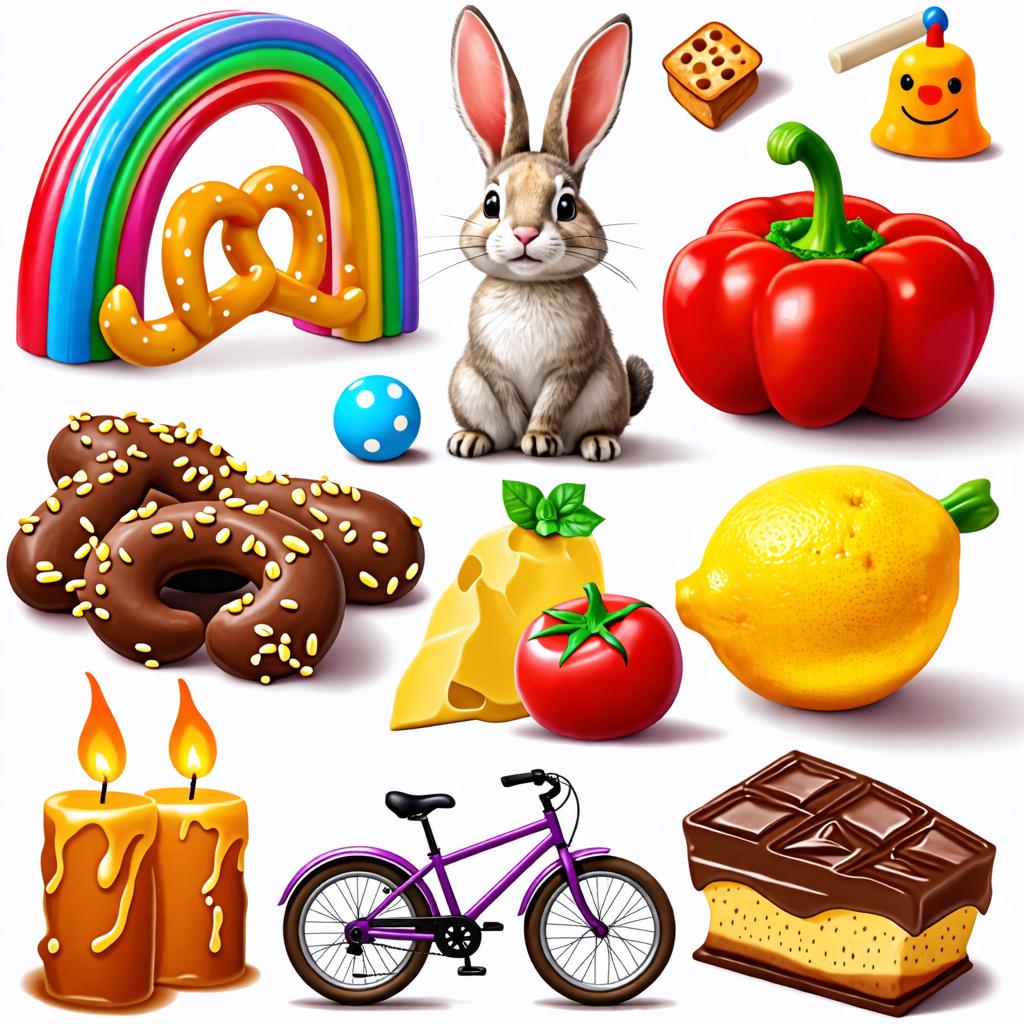 bunny, pretzel, igloo, bicycle, candle, rainbow, clown, lemon, bell pepper, chocolate